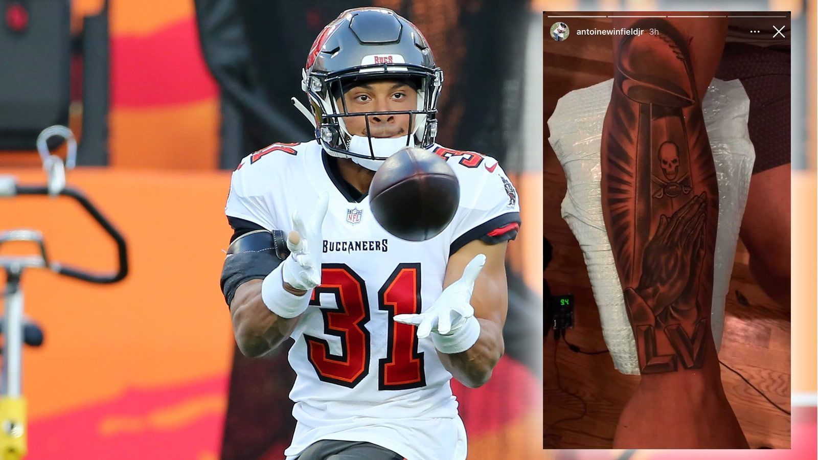 
                <strong>Antoine Winfield Jr.</strong><br>
                Antoine Winfield Jr. ließ es sich nicht nehmen, den größten Erfolg seiner noch jungen NFL-Karriere auf seiner Haut zu verewigen: Wenige Wochen nachdem der Safety mit den Tampa Bay Buccaneers Anfang 2021 den 55. Super Bowl gewinnen konnte, ließ sich Winfield Jr. die Vince-Lombardi-Trophy mitsamt des Klublogos auf seinen Unterarm tätowieren. Vollendet wurde das Tattoo durch das Super-Bowl-Emblem und zwei zum Gebet gefaltete Hände. Auch Mannschaftskollege Tom Brady fand Gefallen an dem Kunstwerk und gab dem jungen Verteidiger auf Twitter noch einen wichtigen Tipp vor dem Stechen: "Lass bloß genügend Platz frei." Ob sich Winfield Jr. wohl auch im nächsten Februar tätowieren lassen wird?   
              