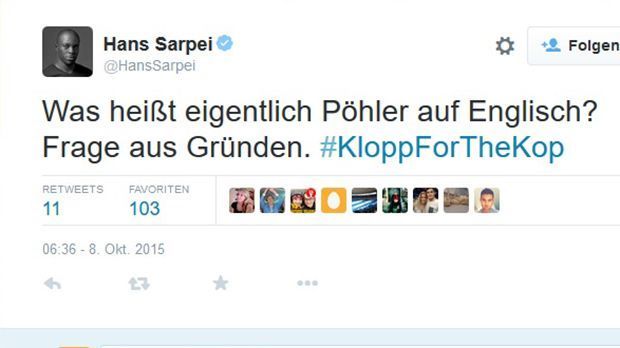 
                <strong>Hans Sarpei</strong><br>
                Hans Sarpei: Er denkt sogar schon einen Schritt weiter und spielt auf Jürgen Klopps Kappen mit dem Schriftzug "Pöhler" an. Ein Pöhler ist jemand, der kräftig auf das Tor ballert. Die Fans haben einen Lösungsvorschlag für Klopps neuen Schriftzug: "Liverpöhler".
              