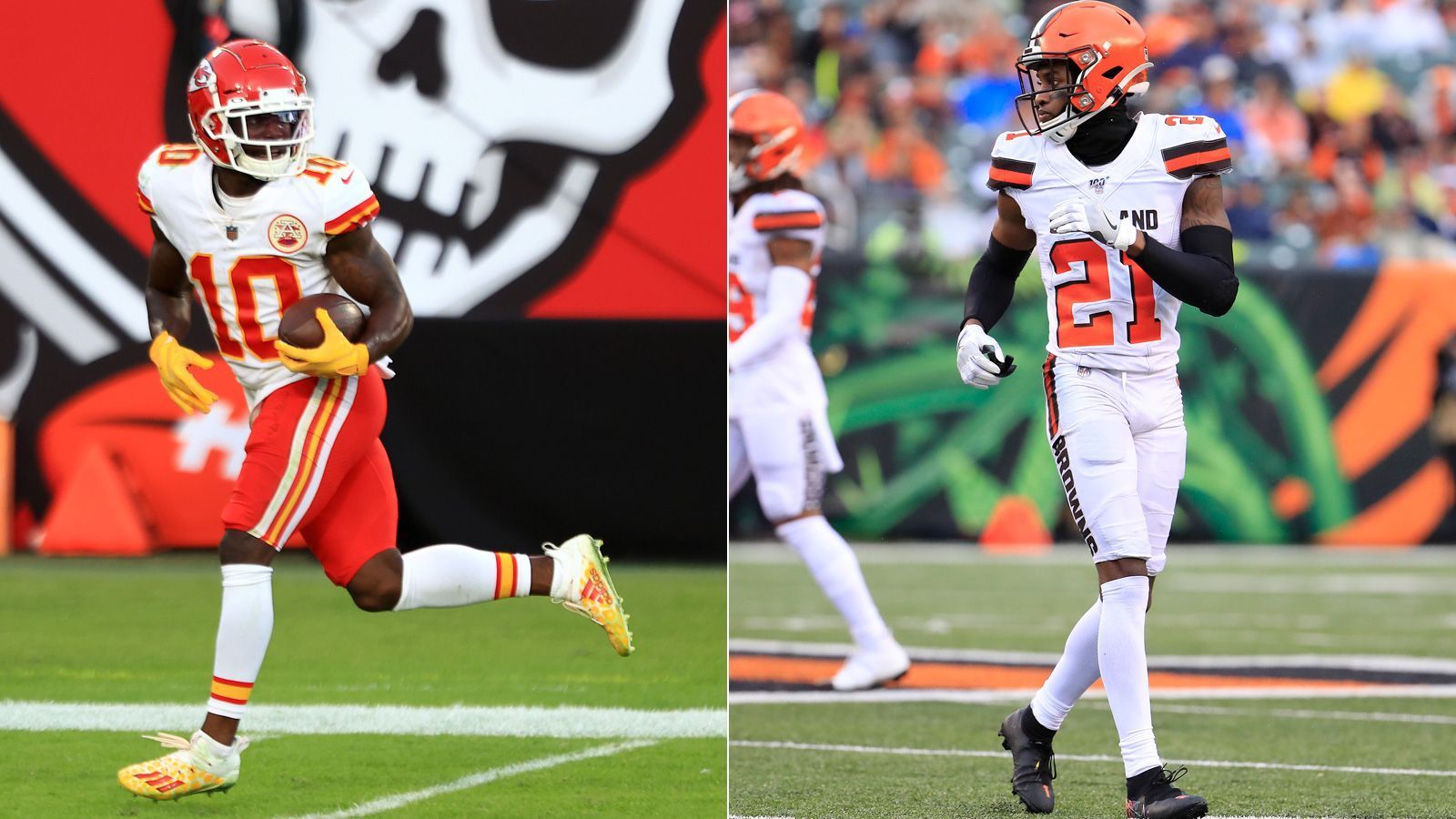 
                <strong>Browns at Chiefs: Tyreek Hill vs. Denzel Ward</strong><br>
                Und wenn Kelce gedeckt ist, wirft Mahomes eben auf Tyreek Hill. Der Speedster ist einer der schnellsten Spieler der NFL, mit einer 40-Yards-Zeit von 4,29 Sekunden. Browns-Cornerback Denzel Ward lief beim Combine mit 4,32 Sekunden allerdings nur unwesentlich langsamer. Wir dürfen uns also auf High-Speed-Duelle freuen.
              