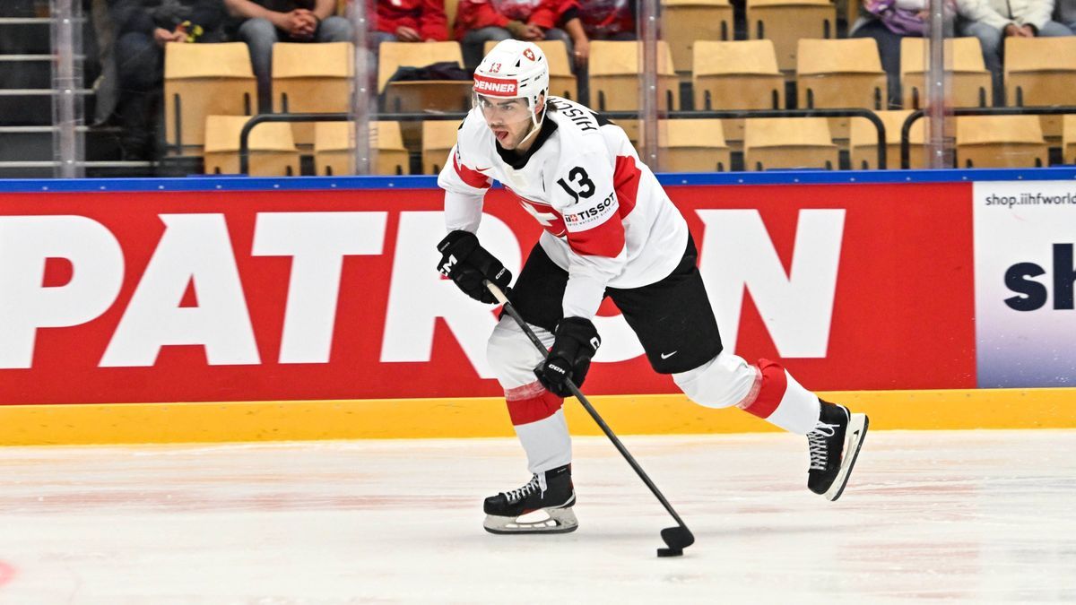 ODENSE, DENMARK - MAY 10: Nico Hischier of Switzerland skates down the ice with the puck during the 2025 Ice hockey, Eishockey World Championship, WM, Weltmeisterschaft match between Denmark and Sw...