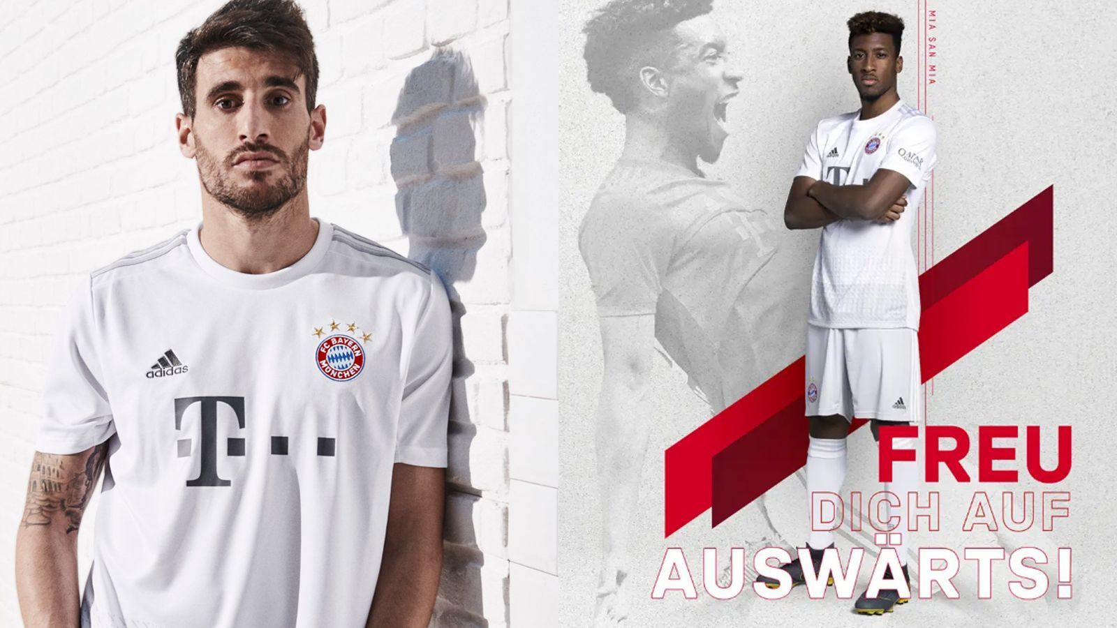 
                <strong>FC Bayern München</strong><br>
                Da ist es! Das neue Auswärtstrikot des FC Bayern München. Als Model halten Javi Martinez und Kingsley Coman her. Im FCB-Shop steht folgende Beschreibung zum neuen Jersey: "Freu dich auf Auswärts! Ob in den Stadien der Bundesliga oder auf dem heimischen Bolzplatz – das aktuelle Auswärts-Trikot des FC Bayern München sorgt garantiert für Furore. Im weiß-grauen Design mit den ikonischen drei Streifen und dem gesticktem Vereinslogo auf der Brust sowie einem FCB-Schriftzug hinten bist Du für Auswärtsspiele bestens aufgestellt." Das lassen wir mal so stehen.
              