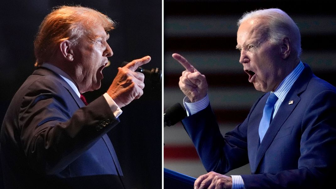 Der ehemalige Präsident Donald Trump (l.) am 24. Februar 2024 und Präsident Joe Biden am 27. Januar 2024 bei Wahlkampfauftritten.