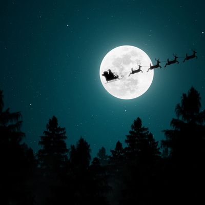 Santa Claus flying in his sleigh over the moon