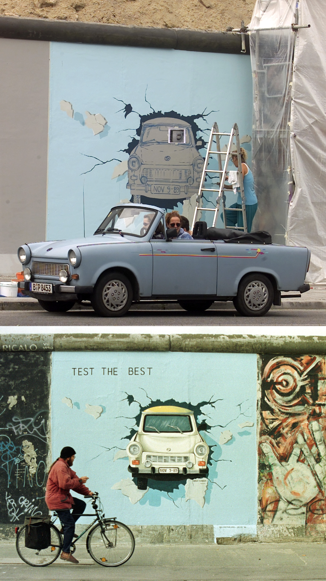 Die deutsche Künstlerin Birgit Kinder malt ein Graffiti des berühmten ostdeutschen Wagens Trabant, der die Berliner Mauer durchbricht. Dieses Gemälde findet man nun am größten verbliebenen Teil der Mauer, einem kilometerlangen Abschnitt, der East Side Gallery genannt wird.