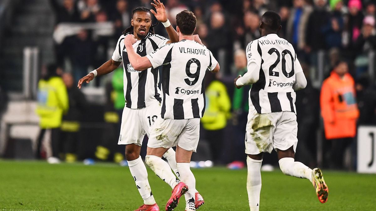 Juventus FC v Empoli FC: Quarter Final - Coppa Italia Khephren Thuram celebrates with Dusan Vlahovic and Randal Kolo Muani during the Coppa Italia Quarter Final match between Juventus FC and Empoli...
