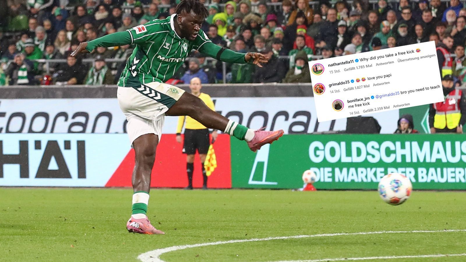 <em><strong>Freistoßschütze Victor Boniface amüsiert Leverkusen-Stars</strong><br>Beim 1:0-Sieg von Werder Bremen gegen Union Berlin feierte Victor Boniface nicht nur sein Startelf-Debüt für Werder, sondern versuchte sich auch als Freistoßschütze. Als er ein Bild davon auf Instagram postete, meldete sich sein einstiger Teamkollege Nathan Tella von Bayer Leverkusen zu Wort. "Warum trittst du einen Freistoß?", fragte Tella in einem Kommentar. Boniface' Antwort...</em>
