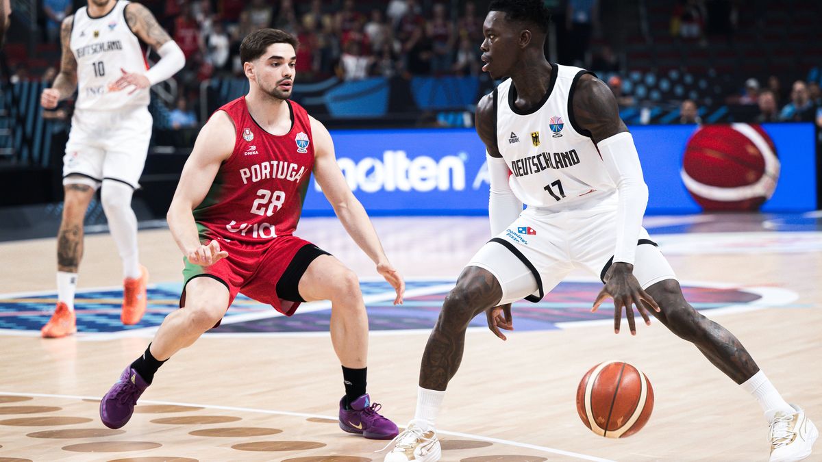 250906 Dennis Schroder of Germany and Rafael Lisboa of Portugal during the FIBA Eurobasket 2025 championship round of 16 game between Germany and Portugal on September 6, 2025 in Riga. Photo: Maxim...