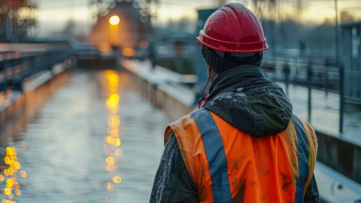 Engineer in reflective vest and hard hat, inspecting a large water treatment facility