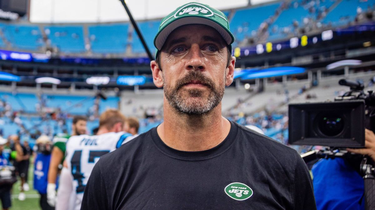 September 12, 2023: Quarterback AARON RODGERS, making his debut with the New York Jets, was carted off the field after suffering a left Achilles injury on just his fourth play in the team s Monday ...