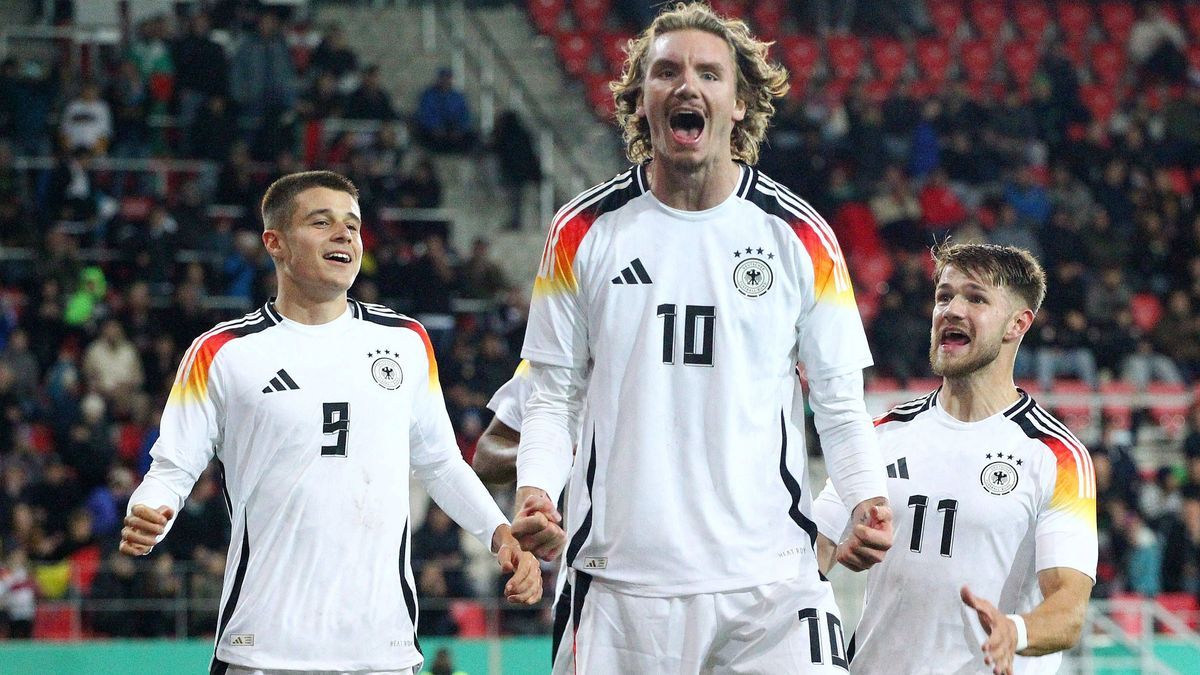 October 11, 2024, Regensburg, Bayern, Germany: NICK WOLTEMADE of Germany celebrates after scoring against Bulgaria during their Soccer 2025 Under-21 EURO Qualifying, EM, Europameisterschaft groups ...