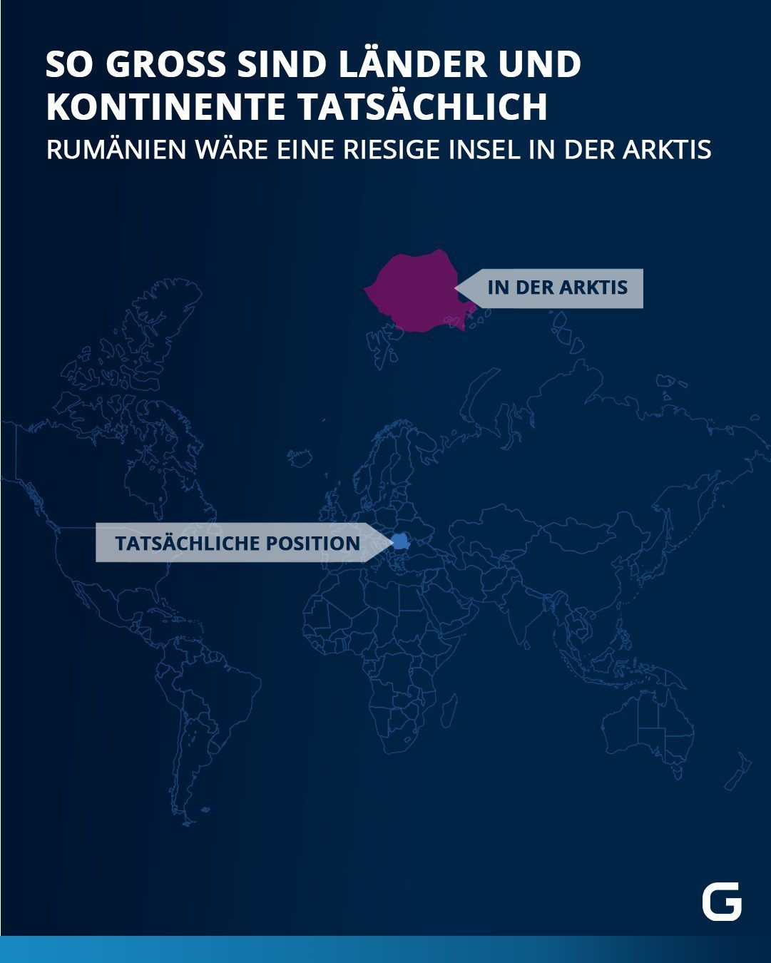 Tatsächliche Größe von Ländern und Kontinenten - Wäre Rumänien eine Insel in der Antarktis, würde es auf der Mercator-Karte um ein Vielfältiges größer erscheinen. 