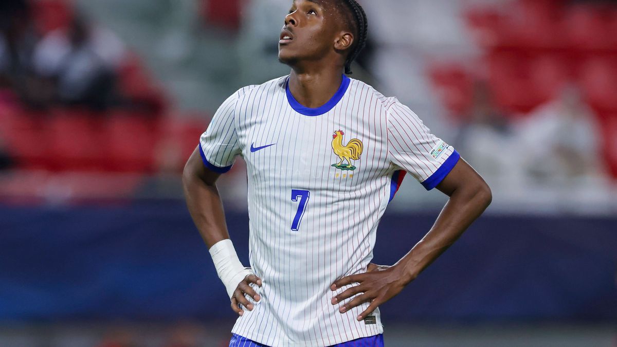 Mathys Tel (France) schaut enttaeuscht, UEFA European Under-21 Championship 2025 Group Stage, Portugal v France, Å tadion SihoÅ¥ am 11. June 2025 in Trentschin, Slowakei. (Foto von Marco Steinbrenn...