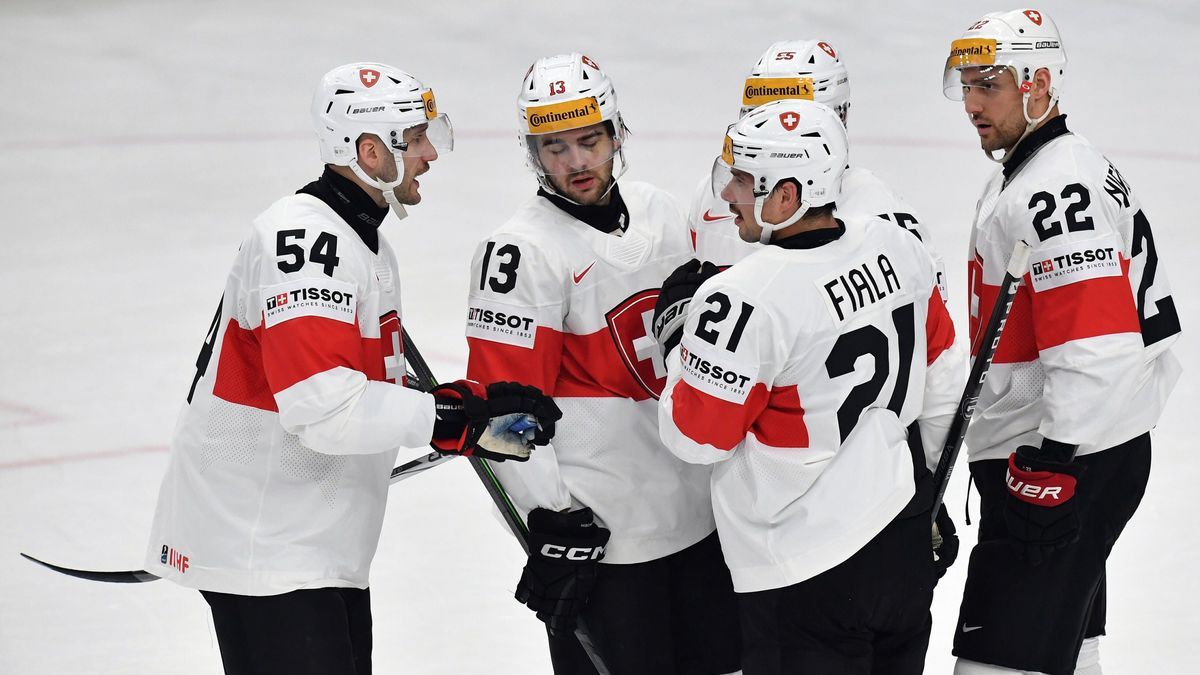 May 18, 2024, Prague, Czech Republic: Players of of Switzerland celebrate goal during the 2024 IIHF Ice hockey, Eishockey World Championship, WM, Weltmeisterschaft match between Denmark v Switzerla...