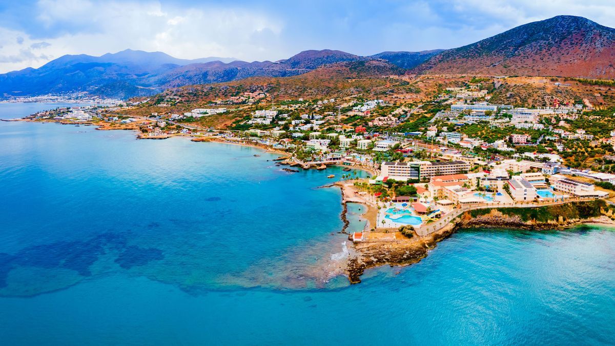 Hersonissos town aerial panoramic view in Crete, Greece