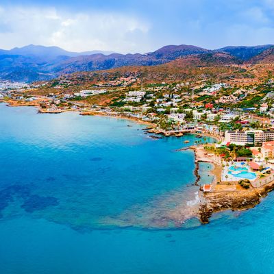 Hersonissos town aerial panoramic view in Crete, Greece