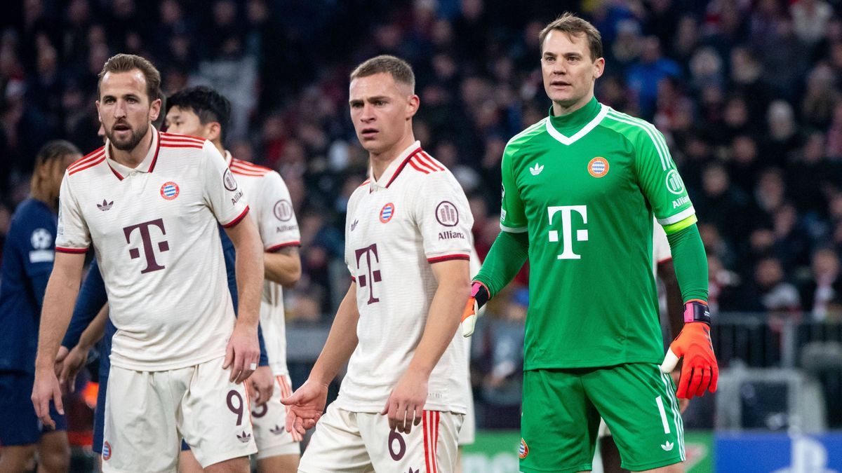 Manuel Neuer (FC Bayern Muenchen, 01), Joshua Kimmich (FC Bayern Muenchen, 06), Harry Kane (FC Bayern Muenchen, 09), GER, FC Bayern Muenchen (FCB) vs Paris Saint Germain (PSG), Fussball, UEFA Champ...