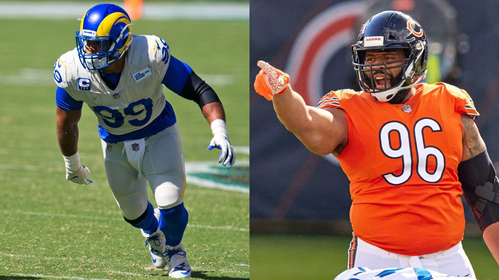 
                <strong>NFC - Defensive Tackles (zwei Spieler)</strong><br>
                Aaron Donald (Los Angeles Rams; li.) und Akiem Hicks (Chicago Bears; re.) - Bei kaum einer Positionsgruppe fiel die Entscheidung leichter als bei den Defensive Tackles der NFC. Aaron Donald ist Jahr für Jahr Mitfavorit für den Titel des "Defensive Player of the Year" und erzielte bereits neun Sacks. Akiem Hicks ist derweil der beste Tackler unter den Defensive Tackles und steht nach neun Spielen bei 25 Solo Tackles und 3,5 Sacks.
              