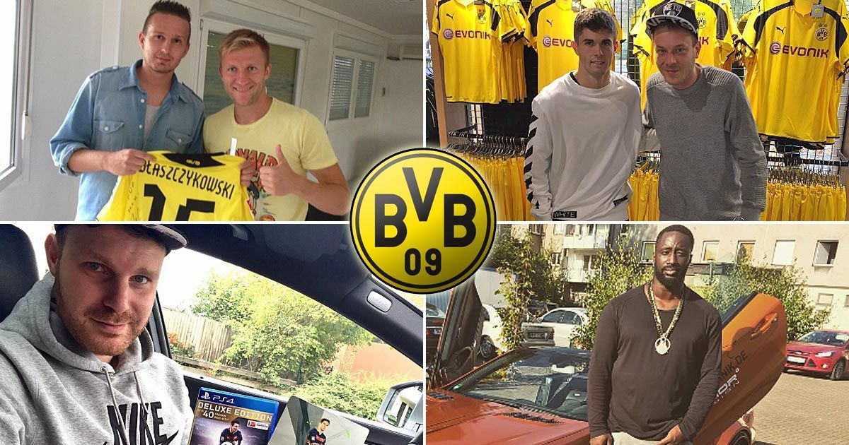 
                <strong>M.i.k.i, 257ers, Baba Saad, Manuellsen</strong><br>
                M.i.k.i: Der BVB-Fan (oben links) veröffentlichte einen Diss-Track gegen Mario Götze, als dieser zum FC Bayern wechselte. Daraufhin forderte Götze sogar Schadensersatz. Wenig später zog Götze seine Klage zurück, da er wohl einen noch größeren Imageschaden fürchtete. Der Refrain ging: "Und du tauschst echte Liebe ein, gegen Mia San Mia von 'nem scheiß Verein." Der Borussia-Legende Dede widmete M.i.k.i einen Abschiedssong und auch Jakub Blaszczykowski schrieb er einen Song namens "Kuba Kuba". 257ers: Mike von der Rap-Gruppe 257ers ist ebenfalls Fan der Borussen und posiert hier mit Christian Pulisic (oben rechts).Baba Saad: Der Deutsch-Libanese (unten links) ist ein echter Supporter von Borussia Dortmund und postet häufiger über seinen Klub auf Facebook oder Twitter.Manuellsen: Manuellsen (unten rechts) drückt sein inniges Verhältnis zum BVB mit dem Song "Anstoß" aus.
              