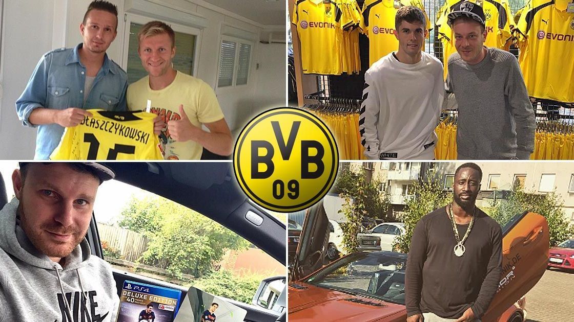 <strong>M.i.k.i, 257ers, Baba Saad, Manuellsen: Borussia Dortmund</strong><br>Der BVB-Fan (oben links) veröffentlichte einen Diss-Track gegen Mario Götze, als dieser zum FC Bayern wechselte: "Und du tauschst echte Liebe ein, gegen Mia San Mia von 'nem scheiß Verein." Jakub Blaszczykowski schrieb er zum Abschied einen Song namens "Kuba Kuba". 257ers: Mike von der Rap-Gruppe 257ers (o.r.), Baba Saad (u.l.) und Manuellsen (u.r.) sind ebenfalls BVB-Supporter.&nbsp;