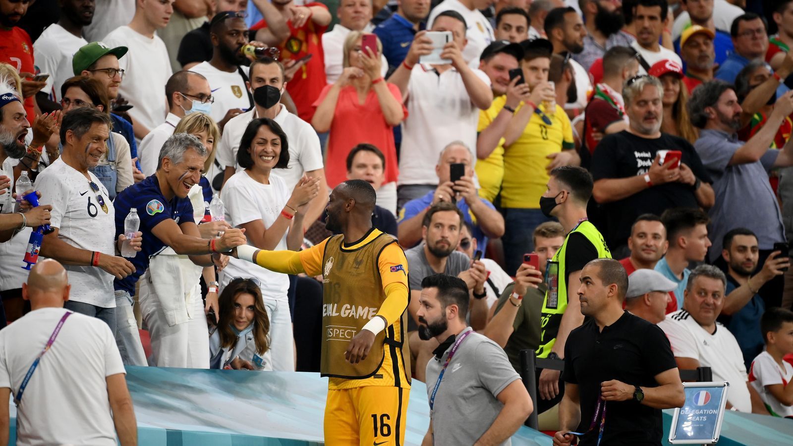 
                <strong>Abklatschen mit einem Star</strong><br>
                Für diesen Fan hatte sich die Reise nach Budapest gelohnt. Er klatschte mit Frankreichs Ersatzkeeper Steve Mandanda ab.
              