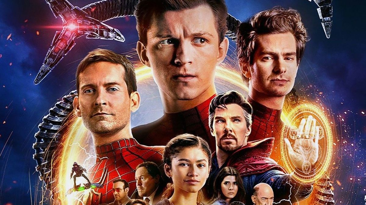 Filmposter des Film "Spider-Man: No Way Home" (2021) mit Tobey Maguire, Tom Holland, Andrew Garfield und vielen weiteren Schauspieler:innen. 