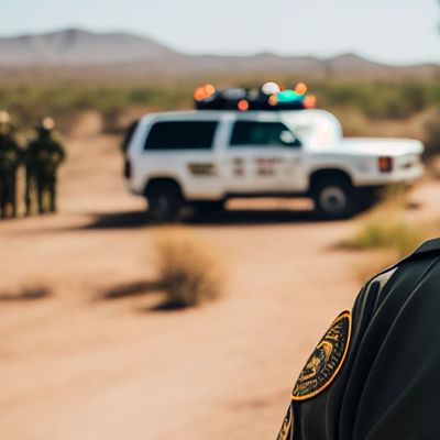 Border in Mexico and USA. US-Mexican border fence in Arizona, USA. Minranis cross border illegally. Police patrol stops illegal crossing of the state border by migrants. Ai Generative illustration.