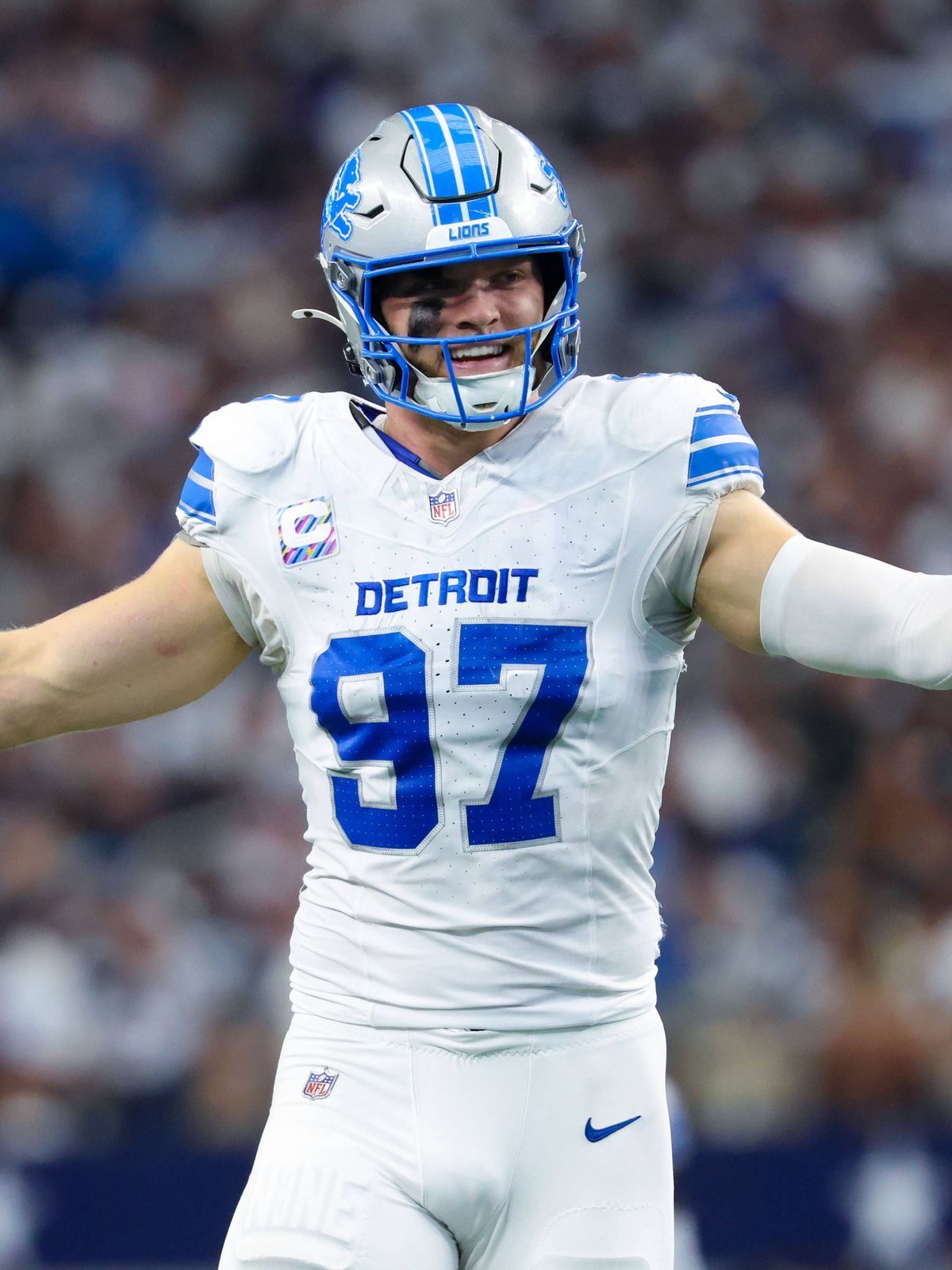 NFL, American Football Herren, USA Detroit Lions at Dallas Cowboys Oct 13, 2024; Arlington, Texas, USA; Detroit Lions defensive end Aidan Hutchinson (97) reacts during the second quarter against th...