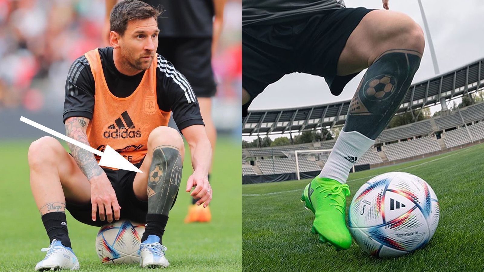 
                <strong>Tattoos am linken Bein</strong><br>
                Die Tätowierungen auf seinem linken Fuß hat Messi größtenteils verdecken lassen. Früher war darauf ein Dolch mit Flügeln zu sehen. Nachdem Messi dafür in den sozialen Netzwerken aber kritisiert wurde, ließ er das Tattoo "übermalen". Übrig sind heute nur noch ein Fußball, der für seine größte Leidenschaft steht sowie die Nummer "10", seine Rückennummer, mit der er sich sowohl zur Vereinsikone als auch zu einer argentinischen Legende machte.
              