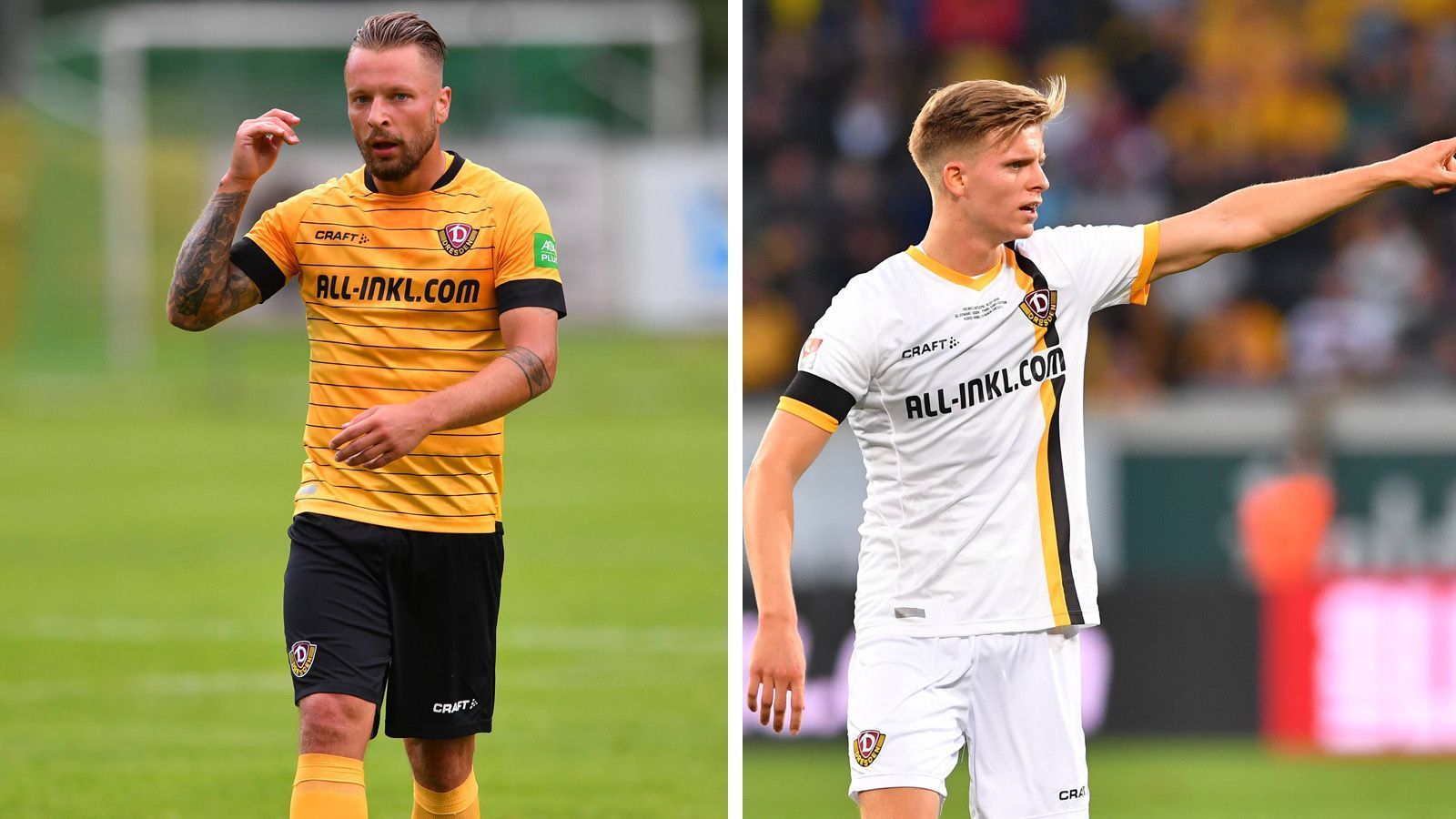 
                <strong>Dynamo Dresden </strong><br>
                Dünne, schwarze Querstreifen ergänzen das in Gelb gehaltene Heimtrikot der Sachsen. Die schwarzen Ärmel und und der Kragen runden das Design der Dresdener Arbeitskleidung ab. Auf dem weißen Auswärtstrikot ist das Logo der Dresdner in einem schwarz-gelben Längsstreifen eingebettet. Einen ersten Praxistest hatte der Stoff im Testspiel gegen Paris Saint-Germain.  
              