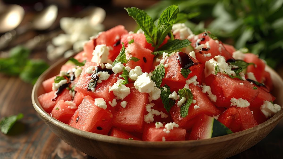 A taste of the tropics Watermelon salad, a symphony of sweet and savory, with tangy feta cheese, refreshing mint, and a drizzle of balsamic glaze - KI generiertes Bild!