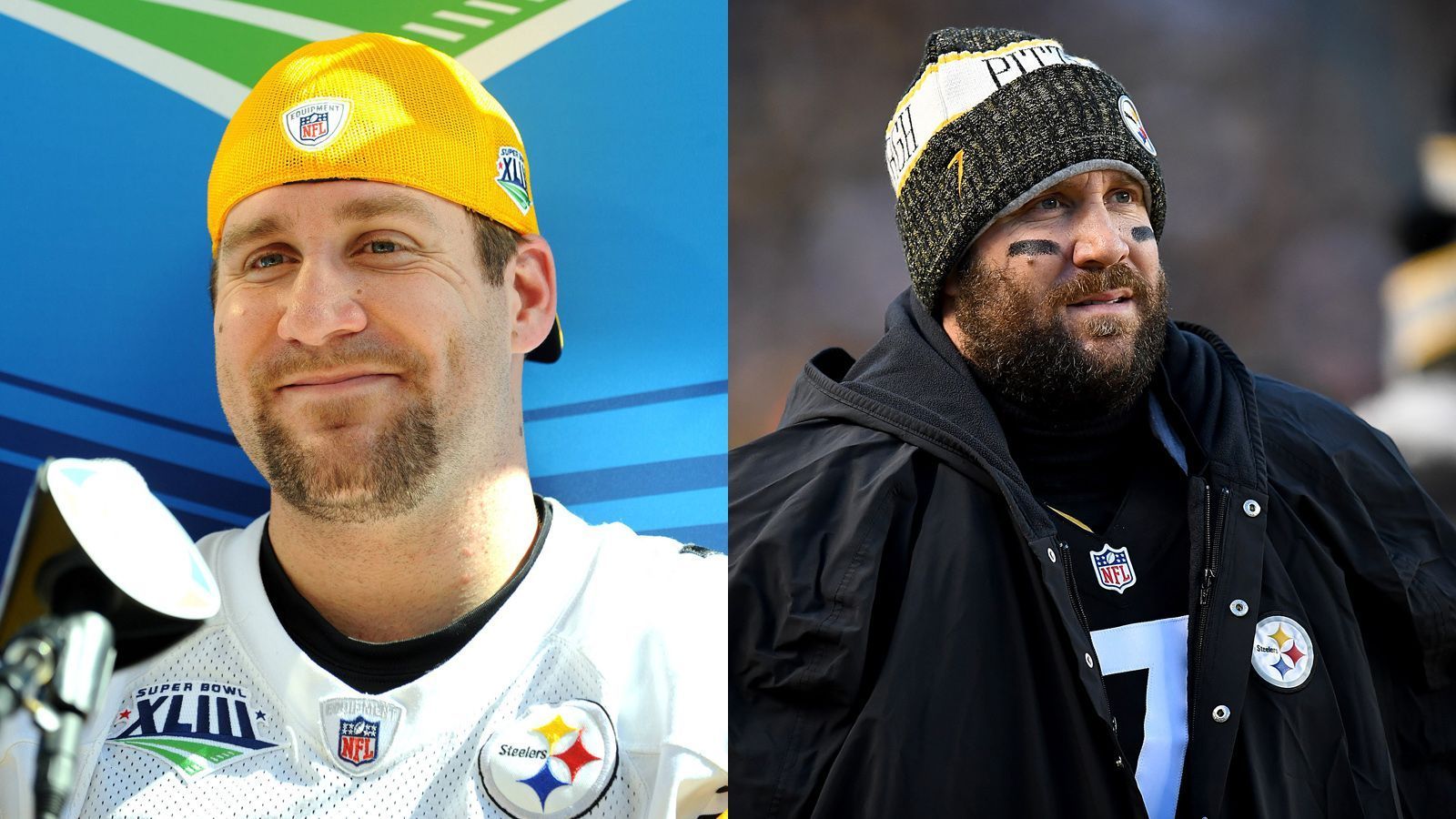 
                <strong>Ben Roethlisberger 2009 und heute</strong><br>
                Die Cap muss für die Mütze weichen und der Biker-Bart wird durch einen winterlichen Vollbart ersetzt. Bei der emotionalen Kälte, die aktuell in Pittsburgh herrscht, ist der Style-Wandel bei "Big Ben" nur nachvollziehbar. 
              