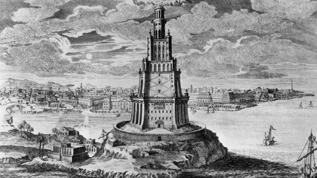 Der Leuchtturm von Pharos in einem Kupferstich nach einer Zeichnung von Johann Bernhard Fischer von Erlach um 1700.