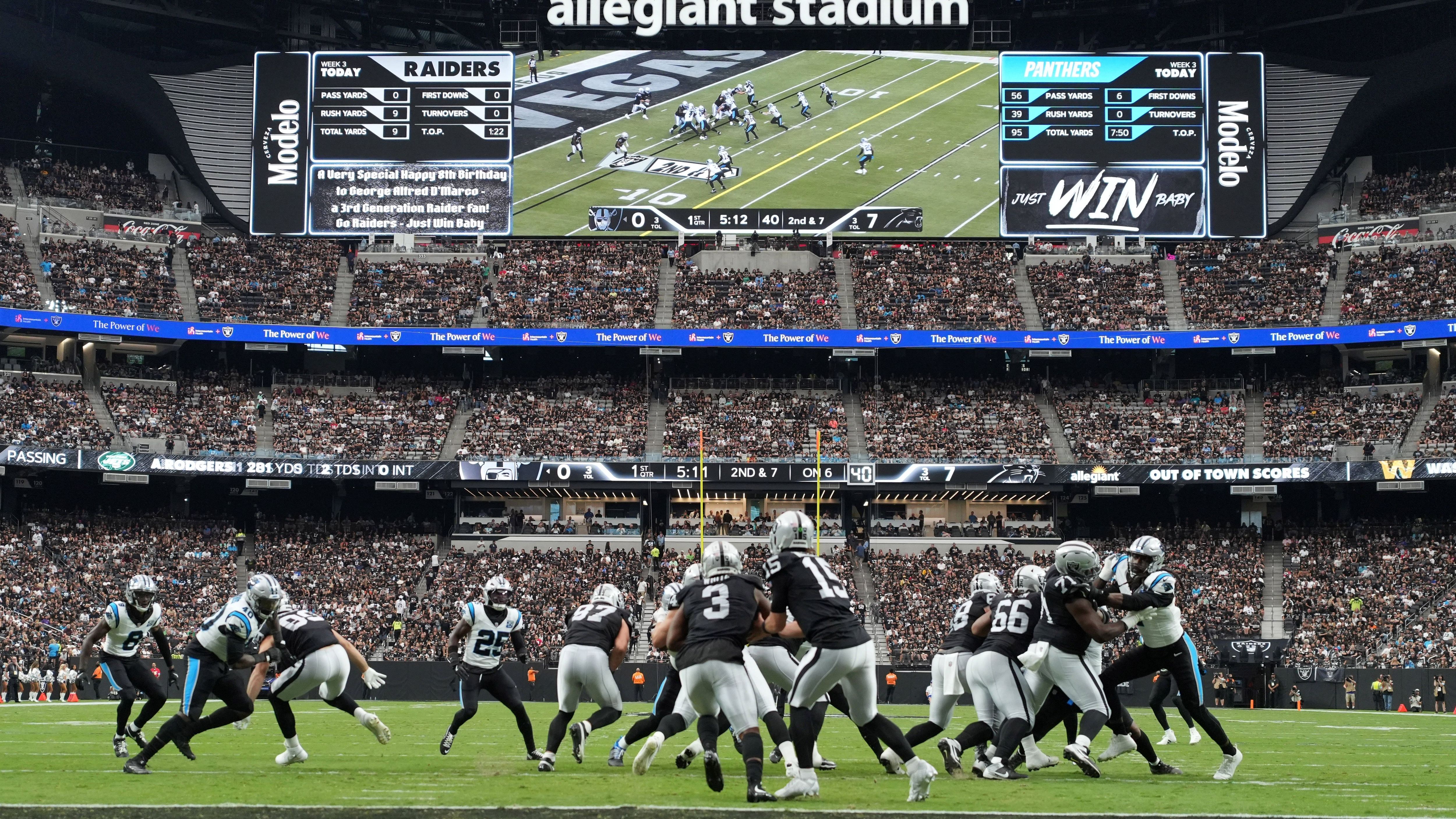 <strong>2. Platz: Las Vegas Raiders (Allegiant Stadium)</strong> <br>Vier Tickets: 675,32 Dollar<br> Zwei Bier: 21,98 Dollar<br> Zwei Softdrinks: 5,98 Dollar<br> Vier Hotdogs: 11,96 Dollar<br> Parken: 30 Dollar<br> <strong>Gesamtkosten: 745,24 Dollar</strong>