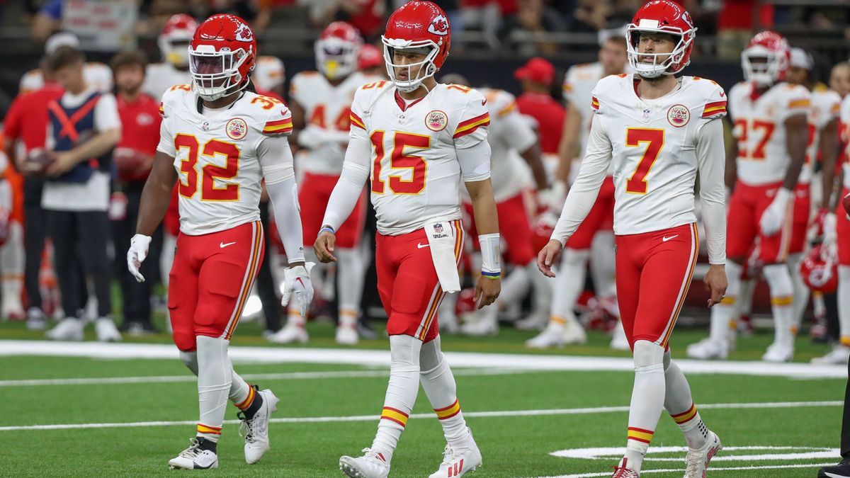 August 13, 2023: Kansas City Chief captains Nick Bolton (32), Patrick Mahomes (15), and Harrison Butker (7) walk to midfield for the coin toss prior to NFL, American Football Herren, USA pre-season...