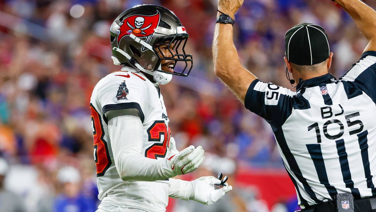 August 23, 2025, Tampa, Florida, USA: Tampa Bay Buccaneers safety Shilo Sanders (28) reacts, after a referee throws a flag in his direction for taking a swing at Buffalo Bills tight end Zach Davids...