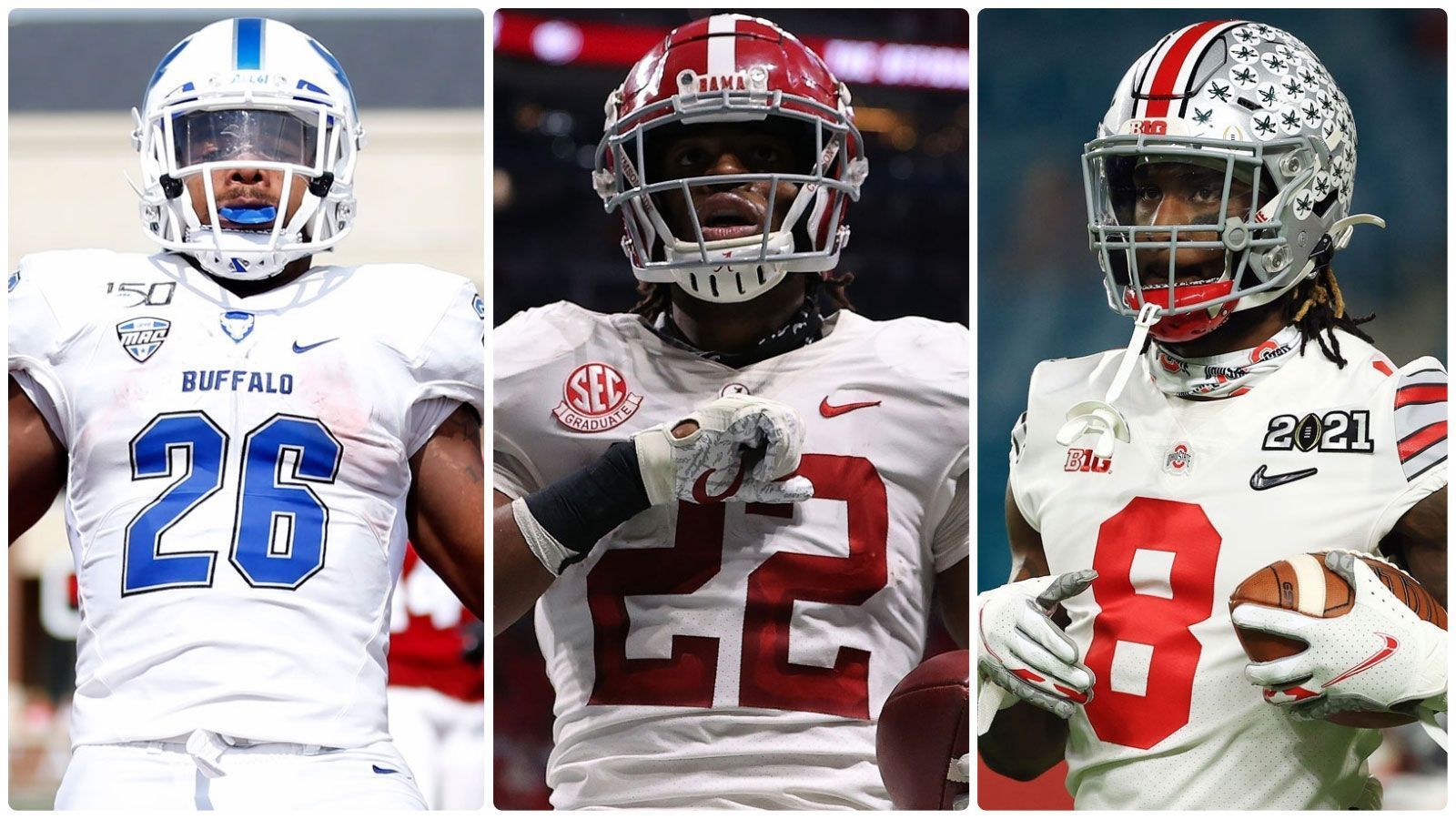 
                <strong>Die besten Running Backs des Drafts 2021</strong><br>
                Auf der Position des Running Backs finden sich im Draft 2021 einige vielversprechende Talente, die in der kommenden Spielzeit in der NFL ihre Meter abspulen werden. Wie die Youngster in den letzten Jahren performt haben und wo ihre Stärken und Schwächen liegen, hat ran.de in dieser Galerie zusammengefasst.
              