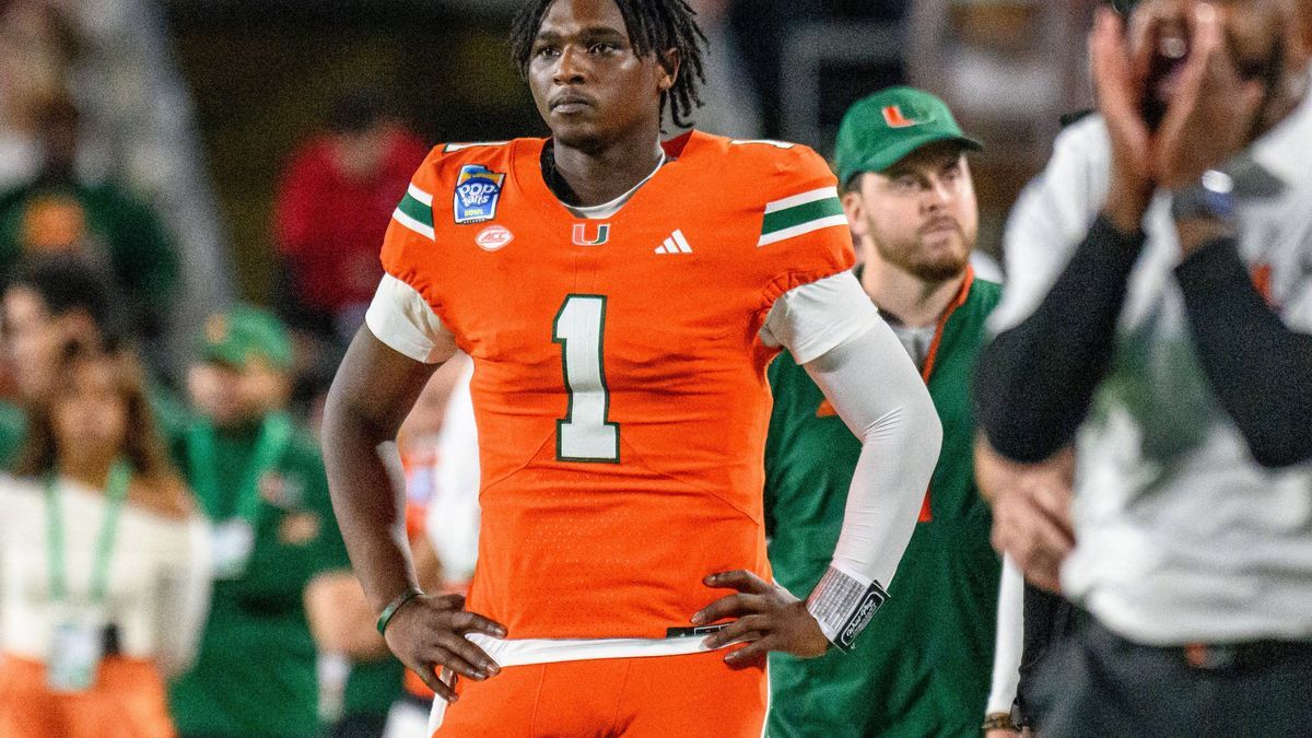 December 28, 2024: Miami Hurricanes quarterback Cam Ward (1) watches from the sideline in the 4th quarter during the Pop Tarts Bowl. Iowa State defeated Miami 42-41 in Orlando, FL. Romeo T Guzman C...