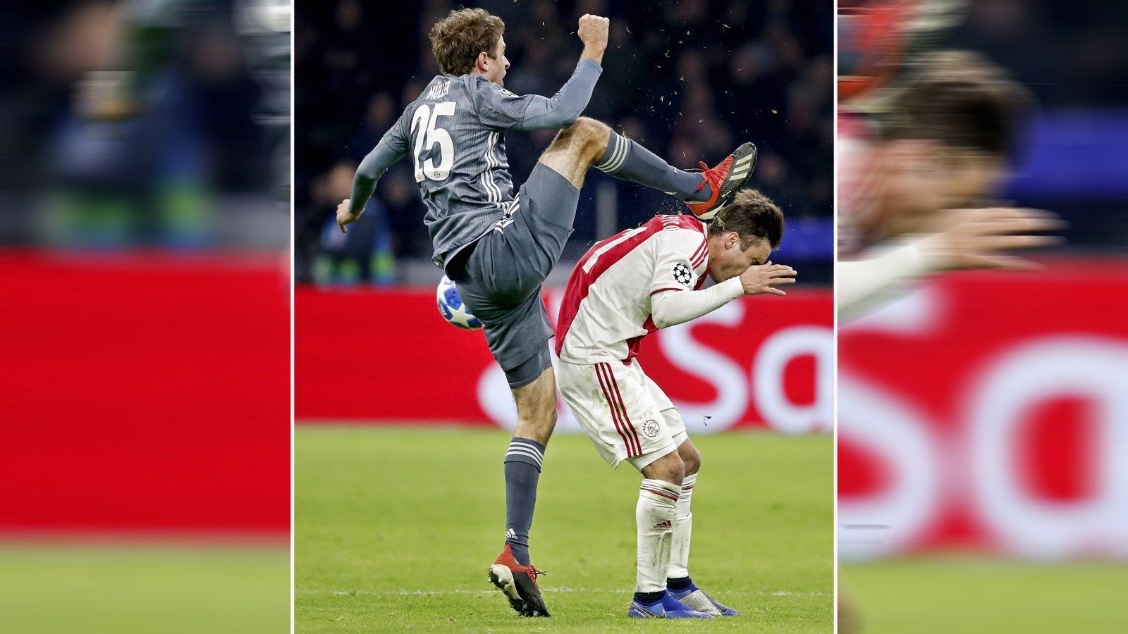 
                <strong>Thomas Müllers Kung-Fu-Tritt im Photoshop-Battle</strong><br>
                Nach diesem heftigen, wenn auch unabsichtlichen Tritt gegen Nicolas Tagliafico im Champions-League-Gruppenspiel gegen Ajax Amsterdem sah Thomas Müller zum ersten Mal in seiner Karriere glatt rot. Völlig zurecht. Wir konnten nicht widerstehen und wollten wissen, was man aus diesem Bild noch so alles rausholen kann. So haben wir Eure Kreativität gefordert und Ihr habt geliefert! Die Highlights der Aktion müssen natürlich gewürdigt werden.
              