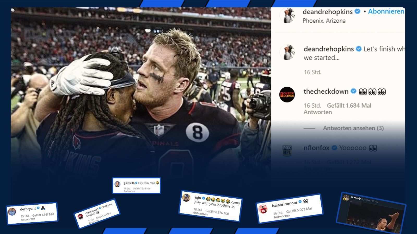 
                <strong>Hopkins-Post als Auslöser</strong><br>
                J.J. Watt verlässt die Houston Texans. Doch wohin? Als einer der besten NFL-Spieler der vergangenen Jahre ist der Defense-Star natürlich heiß begehrt. Auch bei seinen Kollegen, die ihn via Social Media zu den jeweiligen Teams locken möchten. Auslöser dabei ist ein Instagram-Post von Cardinals-Receiver DeAndre Hopkins, welcher lange mit Watt bei den Texans spielte. Sein Kommentar: "Lass uns das beenden, was wir angefangen haben." Daraufhin kommentierten viele weitere Stars ...
              