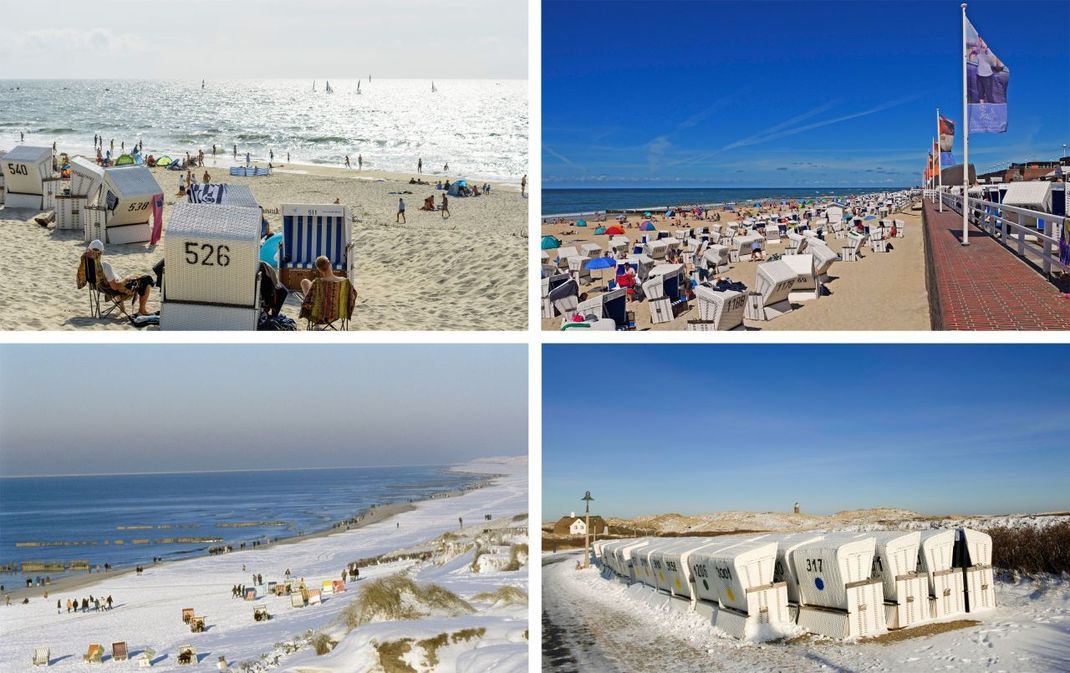 Vier Himmels-Aufnahmen über dem Strand von Sylt: Ob er blau oder weiß erscheint, hängt nicht von der Jahreszeit ab, sondern vor allem vom Wassergehalt in der Luft.