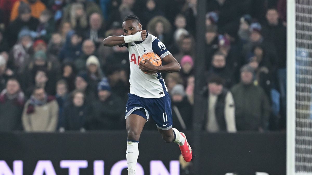 Birmingham, England, 9th February 2025. Mathys Tel of Tottenham Hotspur celebrates his sides first goal during the FA Cup match at Villa Park, Birmingham. Picture credit should read: Cody Froggatt ...