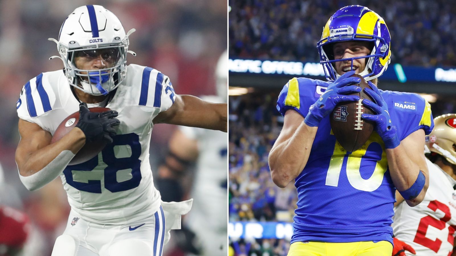 
                <strong>Offensive Player of the Year</strong><br>
                Bei der Auszeichnung für den besten Offensivspieler des Jahres liegen zwei Spieler gleichauf: Jonathan Taylor von den Indianapolis Colts (links) und Super-Bowl-Teilnehmer Cooper Kupp von den Los Angeles Rams (rechts) sind die beiden Favoriten der Buchmacher, weit vor jedem anderen Spieler. Beide haben für den Fall ihres Sieges eine Quote von -110.
              
