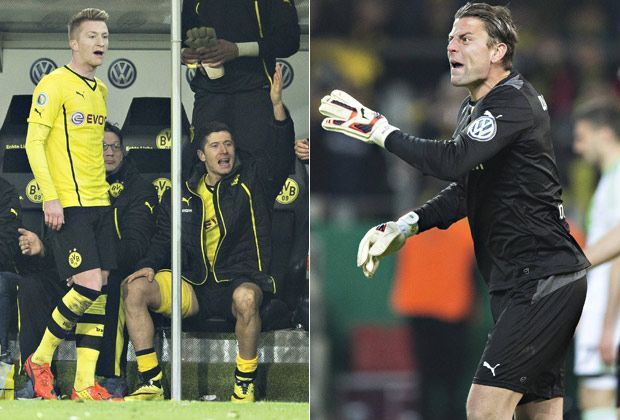 
                <strong>15.4.2014: Roman Weidenfeller (Borussia Dortmund)</strong><br>
                Borussia Dortmund erreicht durch ein 2:0 über den VfL Wolfsburg das Pokalfinale. Dennoch herrscht in der Schlussphase dicke Luft beim BVB: Torwart Roman Weidenfeller geigt Marco Reus nach dessen laschem Zweikampfverhalten die Meinung. Nicht der erste Ausraster eines Torhüters...
              