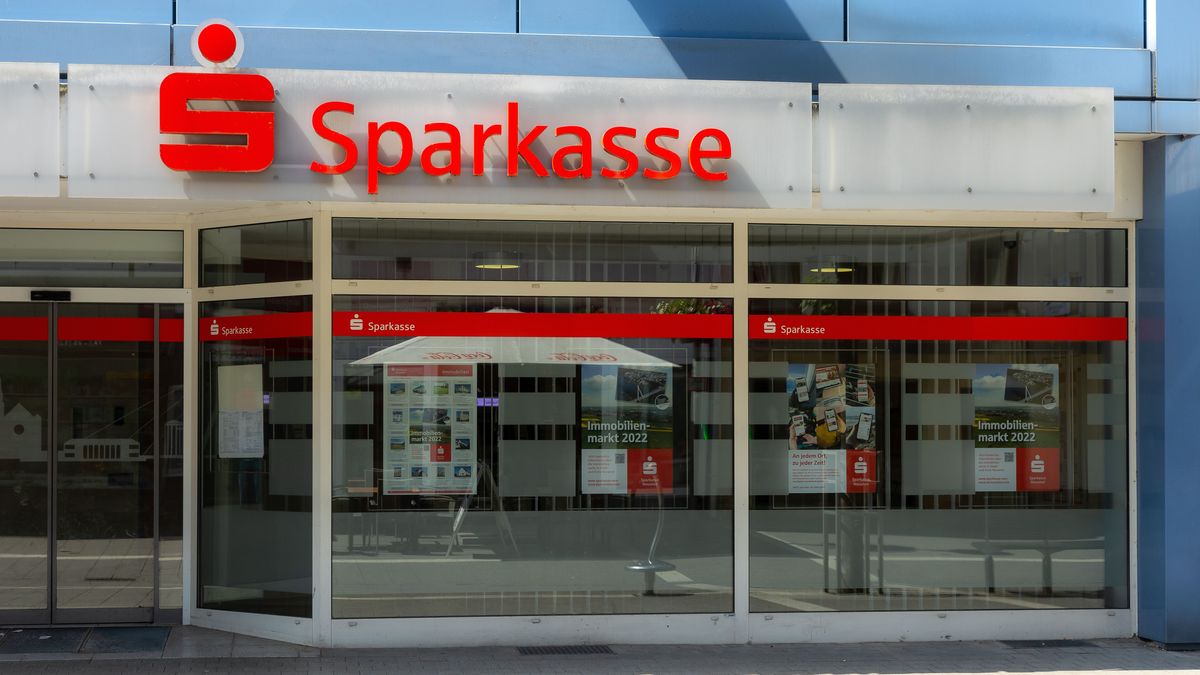 Neuwied, Germany - June 12, 2022: facade and showcase of the German thrift "Sparkasse" with the lettering and the logo