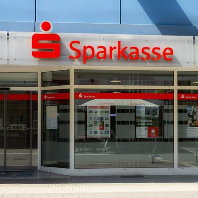 Neuwied, Germany - June 12, 2022: facade and showcase of the German thrift "Sparkasse" with the lettering and the logo