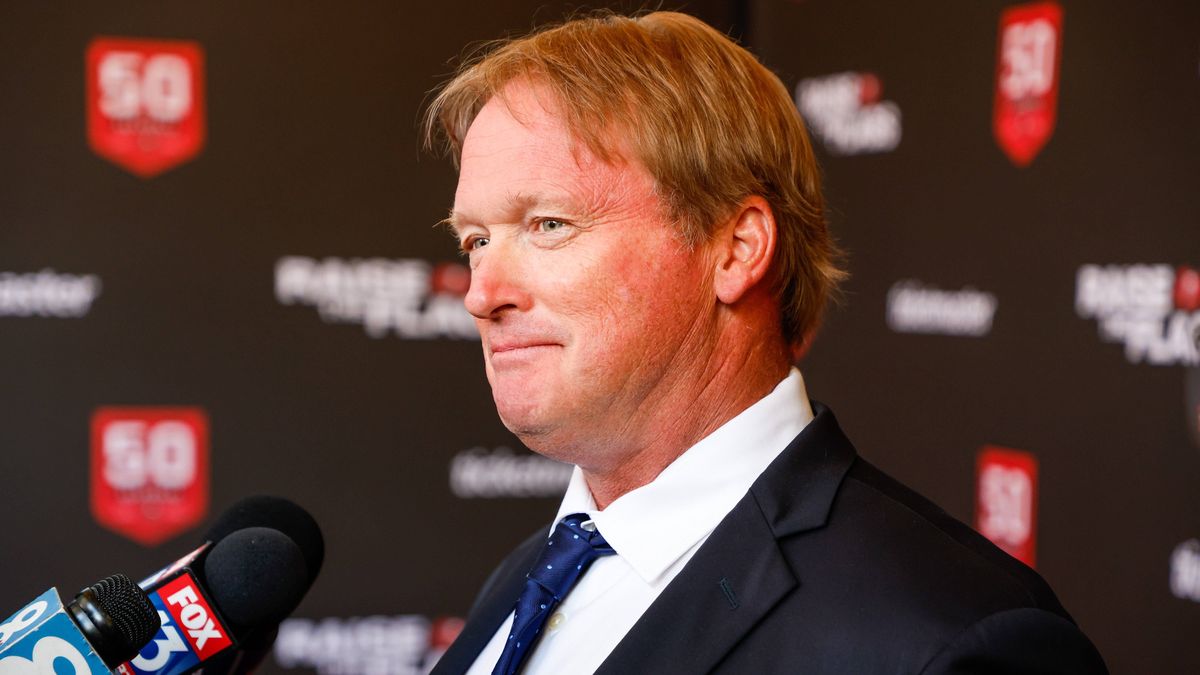 September 2, 2025, Tampa, Florida, USA: Former Bucs head coach Jon Gruden answers questions from reporters during the Raise The Flags event at the Tampa Theatre on Tuesday, Sept. 2, 2025, in Tampa....