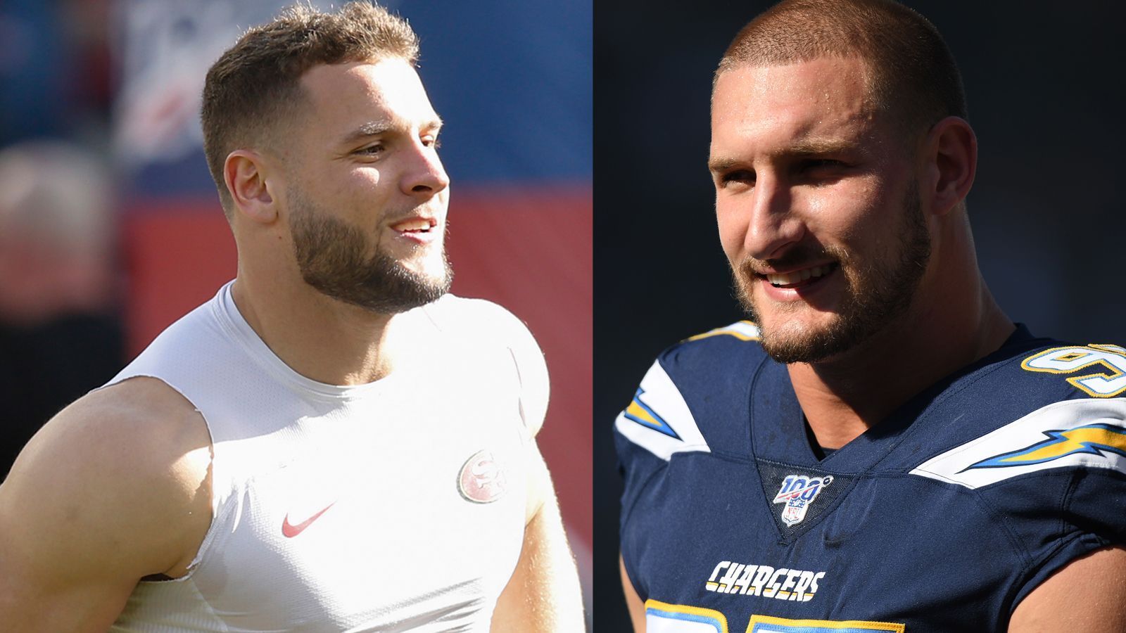 <strong>Nick und Joey Bosa</strong><br>
                Nick und Joey Bosa sind beide bei Teams in Kalifornien heimisch. Nick (l.) war 2019 der Nummer-2-Pick der San Francisco 49ers im Draft, sein älterer Bruder Joey (r.) Nummer-3-Pick des Draftjahrgangs 2016 der Los Angeles Chargers.&nbsp;