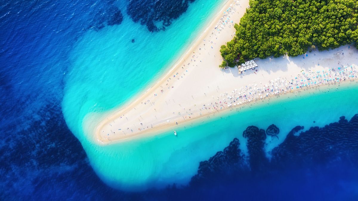 Croatia, Hvar island, Bol. Aerial view at the Zlatni Rat. Beach and sea from air. Famous place in Croatia. Summer seascape from drone. Travel - image