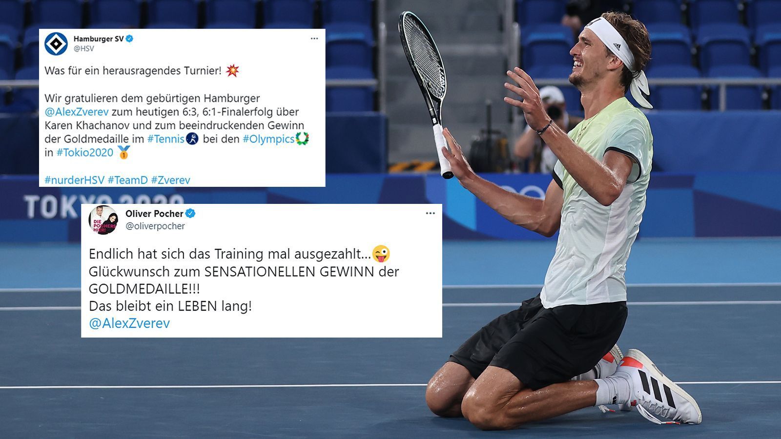 
                <strong>Olympiasieger Alexander Zverev: So reagiert die Sport- und Promi-Welt</strong><br>
                Alexander Zverev kürt sich zum ersten deutschen Tennis-Olympiasieger im Einzelwettbewerb der Männer. Er siegte gegen den Russen Karen Khachanov überzeugend mit 6:3 und 6:1. ran zeigt die Reaktionen aus der Sport- und Promi-Welt auf den historischen Olympia-Triumph des Hamburgers.
              