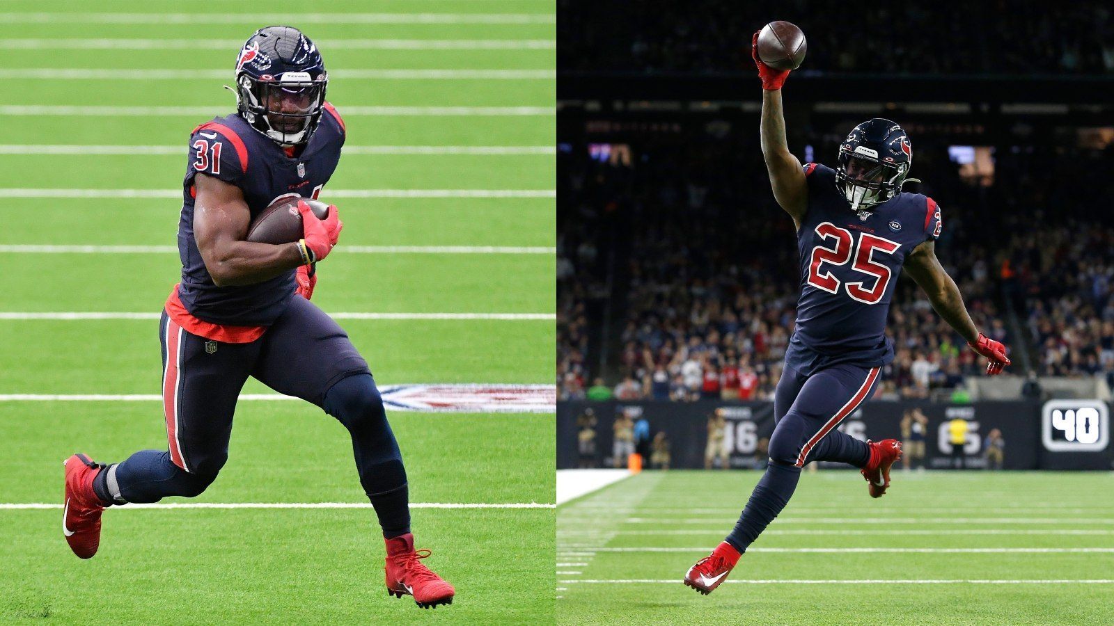 
                <strong>Running Back: Rushing-Offense als zweitschlechteste der gesamten Liga</strong><br>
                Mögen die individuellen Statistiken von David Johnson (l.) maximal ordentlich sein, ist die gesamte Rushing Offense mit Backfield-Kollege Duke Johnson (r.) aus statistischer Sicht die zweitschlechteste der gesamten Liga. Nach dem zwölften Spieltag stehen die Texans neben den Chicago Bears (904 Rushing Yards) als einziges Team unter 1000 Rushing Yards in der NFL. Besonders bitter: 293 der insgesamt 923 Yards über den Lauf erzielte Quarterback Deshaun Watson. Zieht man zudem die zwei erlaufenen Touchdowns von Watson ab, stehen die Texans als Team gerade einmal bei vier Rushing Touchdowns in der Saison. Zum Vergleich: Back-Up-Running-Backs von anderen Teams wie Jordan Howard, Latavius Murray oder Jeff Wilson Jr. haben ebenfalls bereits vier Rushing Touchdowns auf dem Konto. Das kriselnde Backfield dürfte auch gegen die Indianapolis Colts ihre Probleme bekommen, schließlich stellen diese die siebtbeste Defense gegen den Lauf. 
              